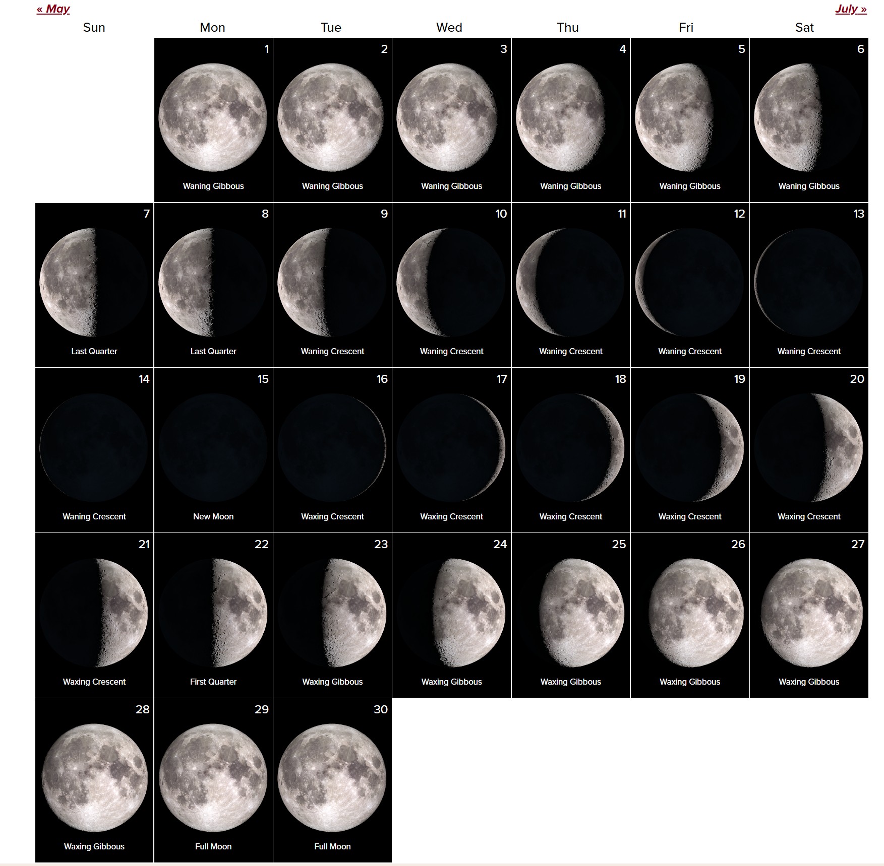 Moon phases calendar for June 2026