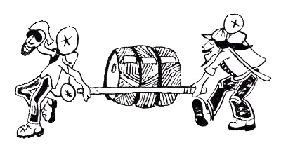 Kegger Backpack logo &mdash; two figures carrying a keg on a stretcher