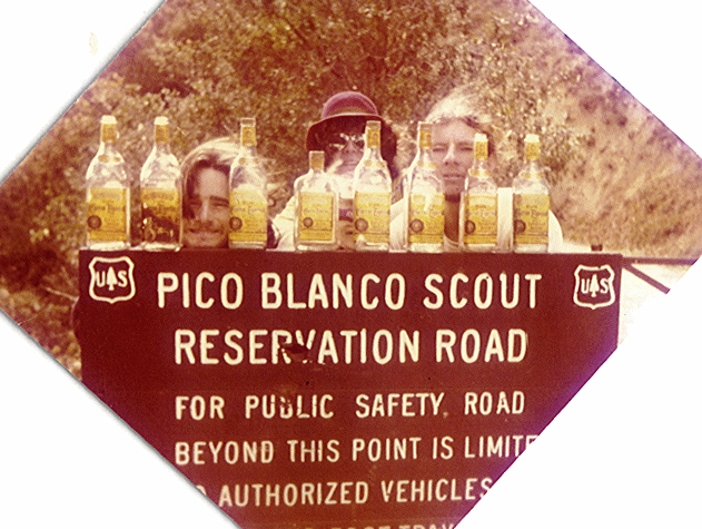 Pico Blanco Scout Reservation Road sign — with tequila bottles