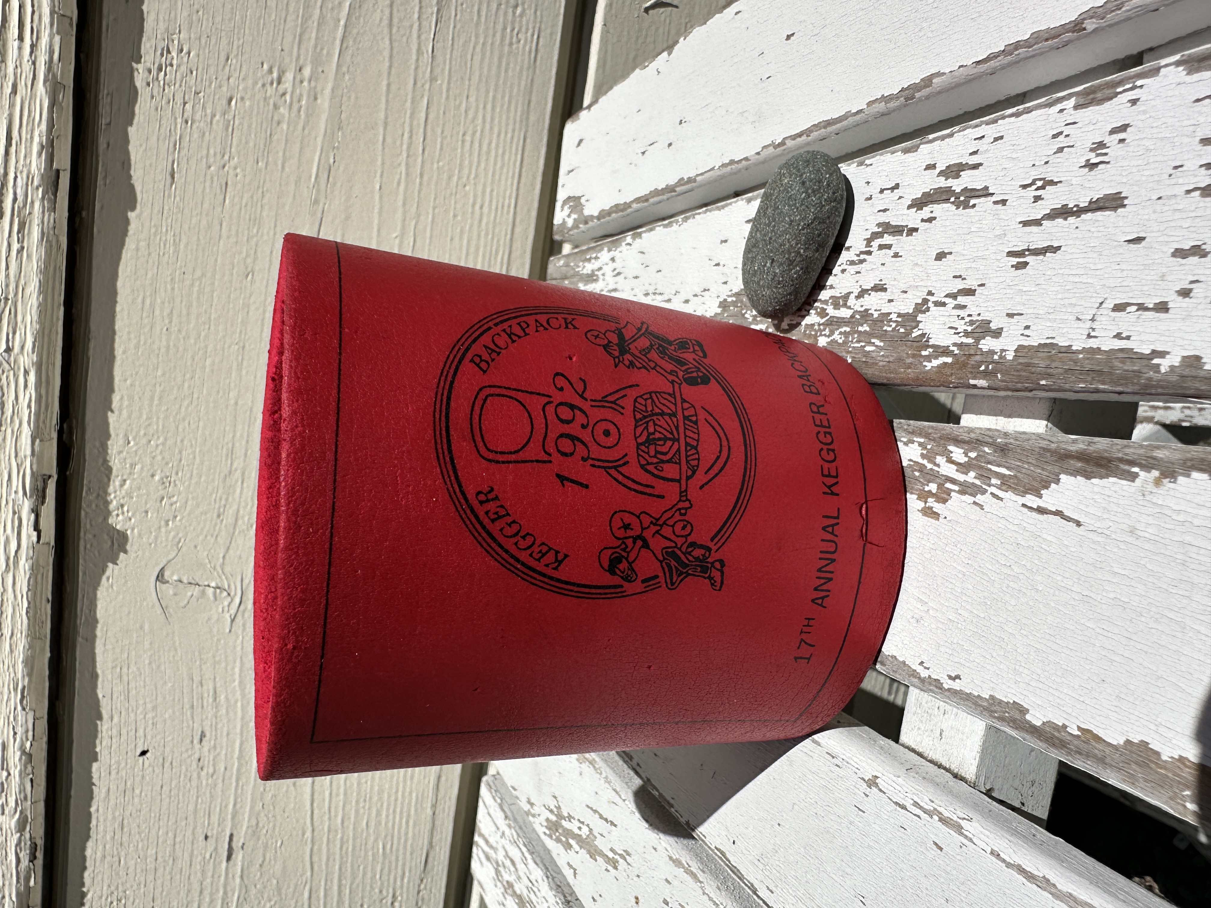 1992 Kegger Backpack red foam can koozie, 17th Annual